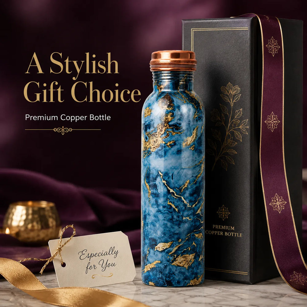 Sempyix 1 Litre Copper Water Bottle - Blue Marble Gold Design