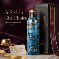 Sempyix 1 Litre Copper Water Bottle - Blue Marble Gold Design