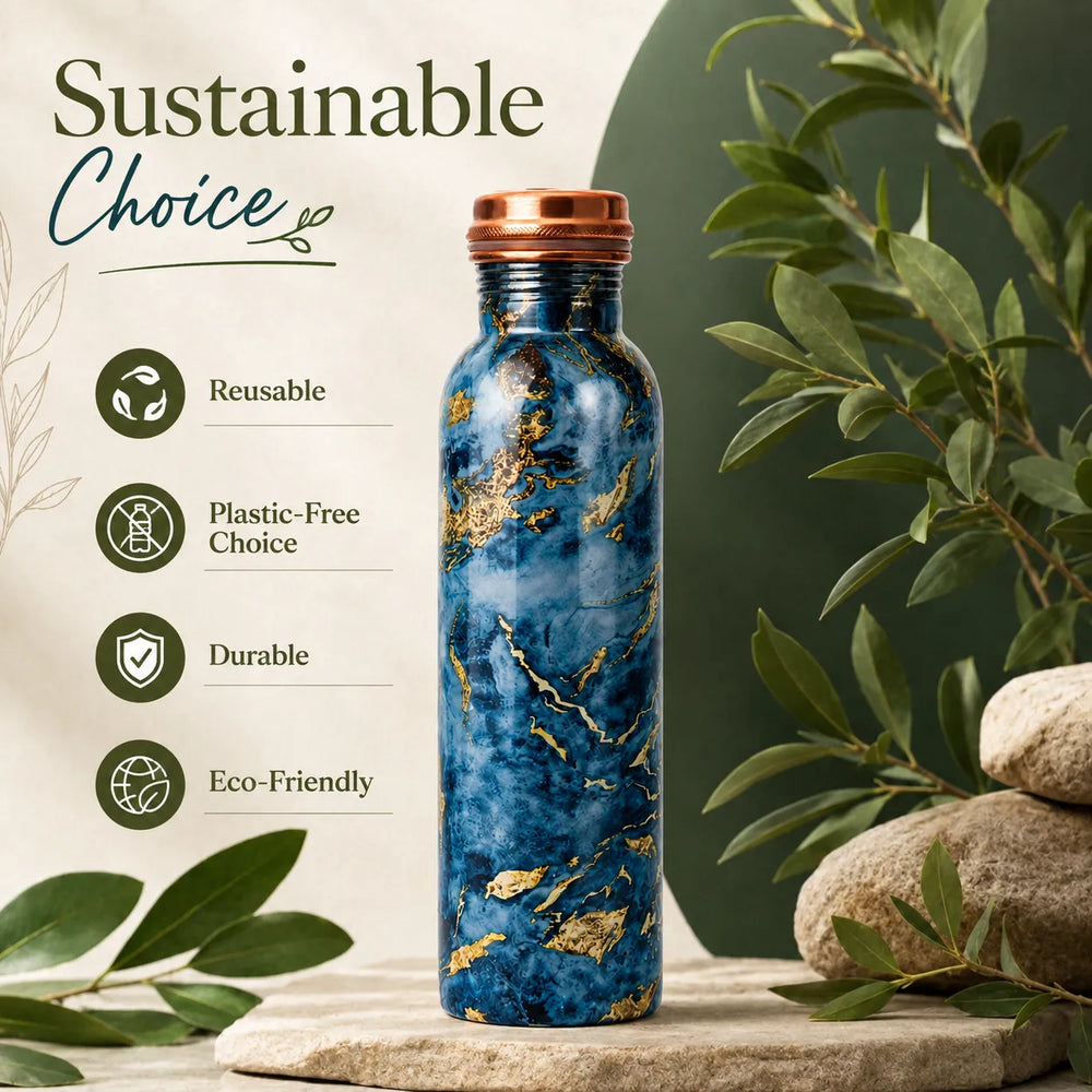 Sempyix 1 Litre Copper Water Bottle - Blue Marble Gold Design