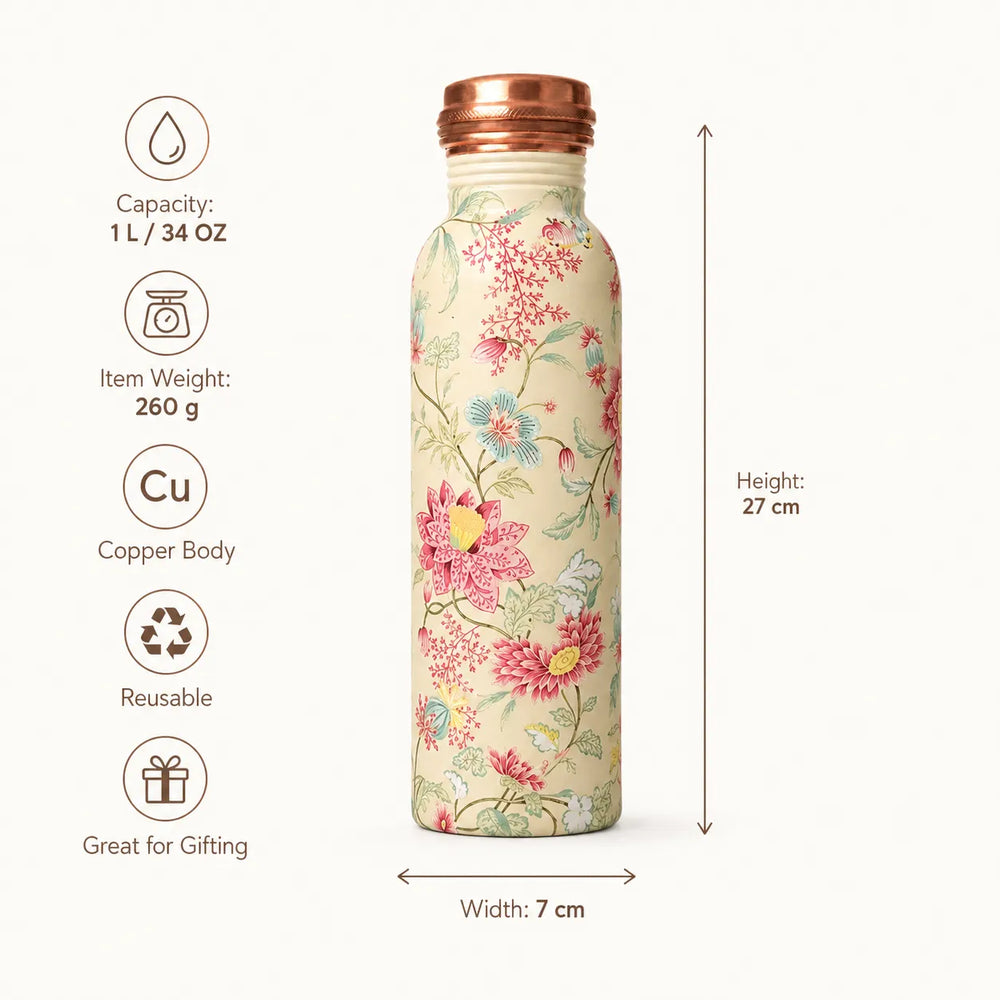 Sempyix 1 Litre Copper Water Bottle - Vintage Floral Vine Design