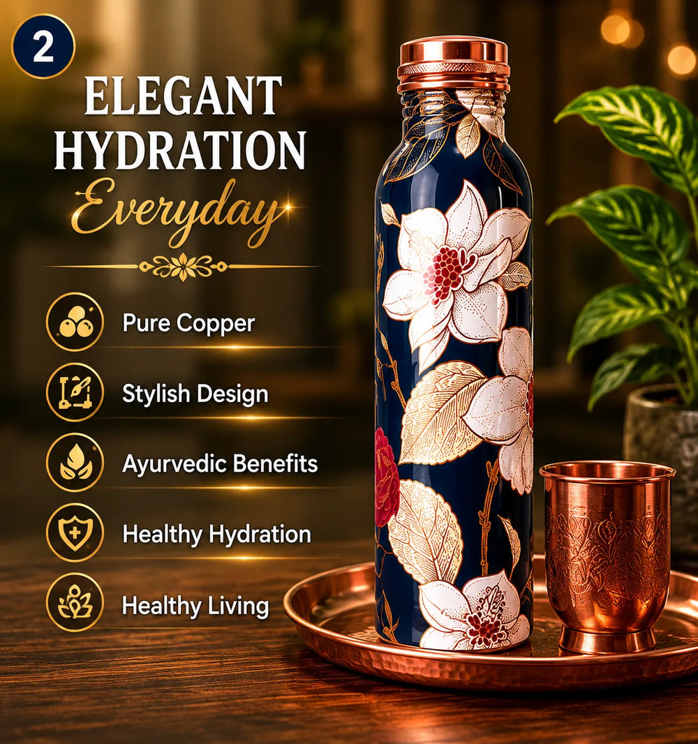 Sempyix 1 Litre Copper Water Bottle - Navy Floral Splash Design