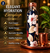 Sempyix 1 Litre Copper Water Bottle - Navy Floral Splash Design