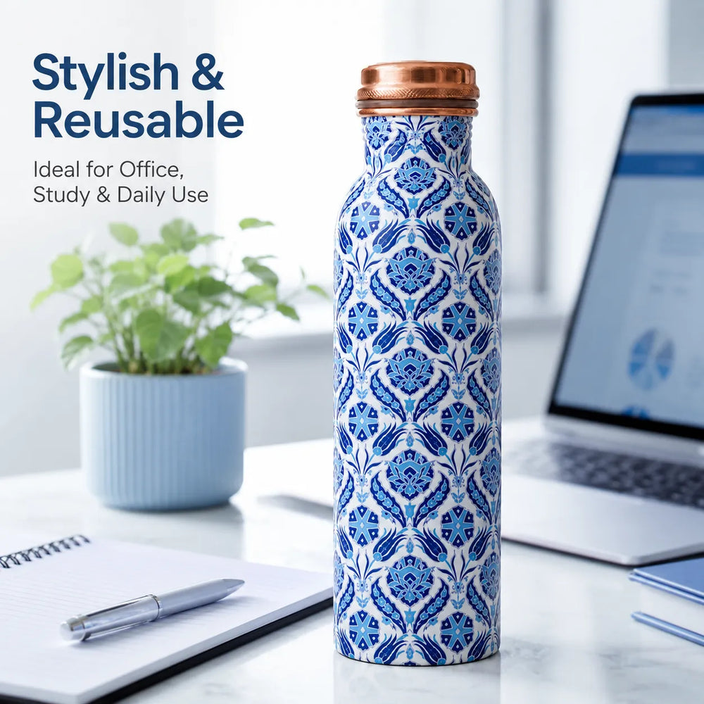Sempyix 1 Litre Copper Water Bottle - Blue Mosaic Tile Design