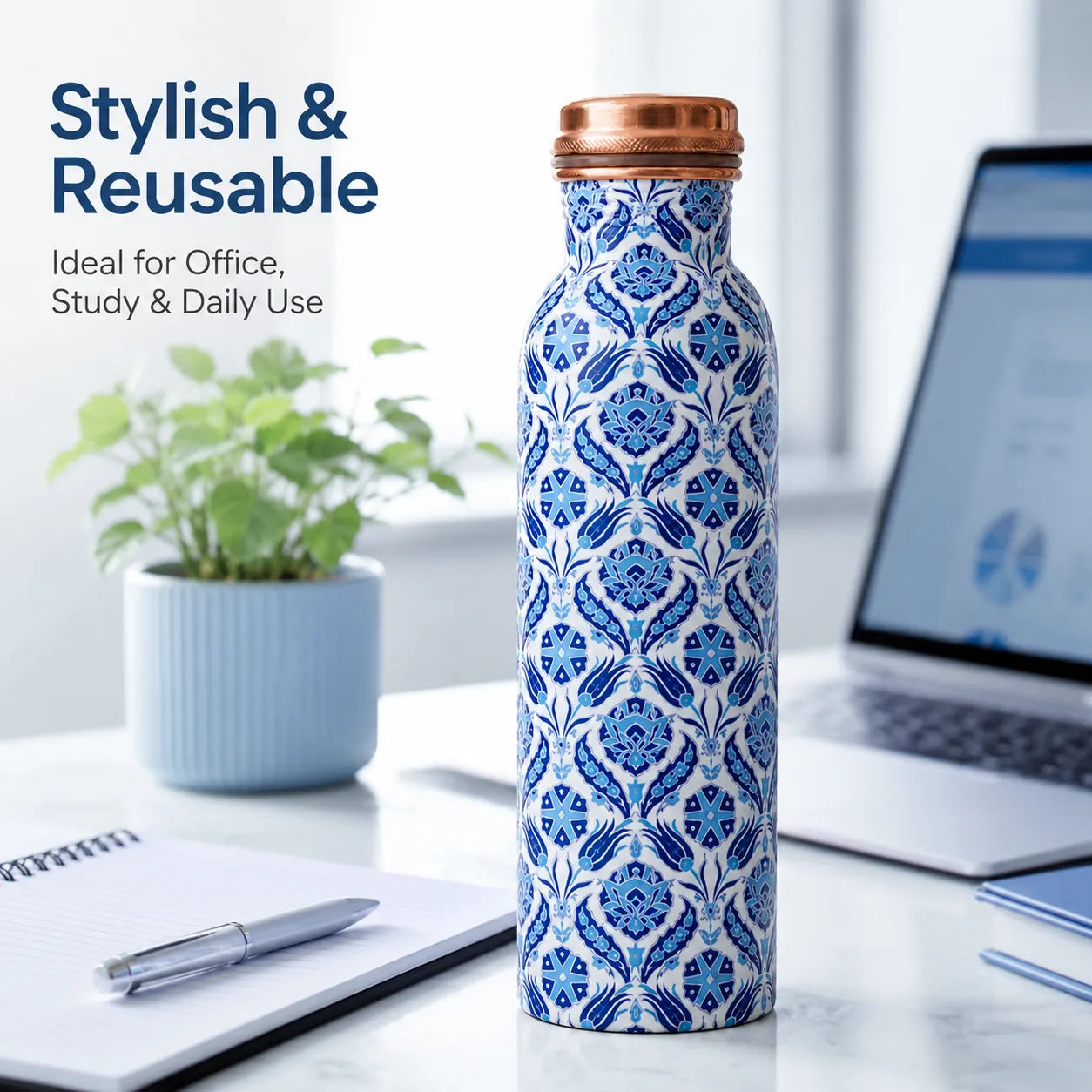 Sempyix 1 Litre Copper Water Bottle - Blue Mosaic Tile Design