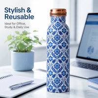Sempyix 1 Litre Copper Water Bottle - Blue Mosaic Tile Design