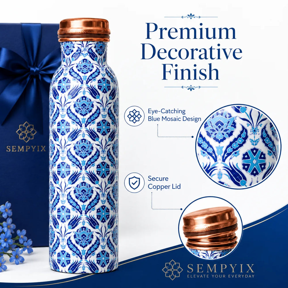 Sempyix 1 Litre Copper Water Bottle - Blue Mosaic Tile Design