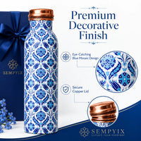 Sempyix 1 Litre Copper Water Bottle - Blue Mosaic Tile Design
