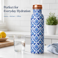 Sempyix 1 Litre Copper Water Bottle - Blue Mosaic Tile Design