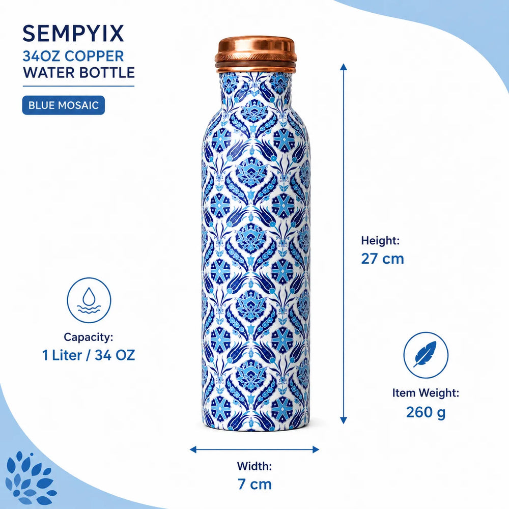 Sempyix 1 Litre Copper Water Bottle - Blue Mosaic Tile Design