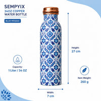 Sempyix 1 Litre Copper Water Bottle - Blue Mosaic Tile Design
