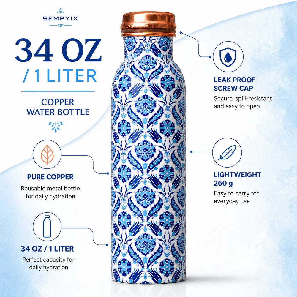 Sempyix 1 Litre Copper Water Bottle - Blue Mosaic Tile Design