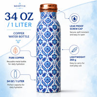 Sempyix 1 Litre Copper Water Bottle - Blue Mosaic Tile Design