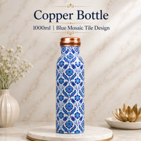 Sempyix 1 Litre Copper Water Bottle - Blue Mosaic Tile Design