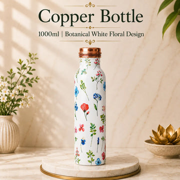 Sempyix 1 Litre Copper Water Bottle - Botanical White Floral Design