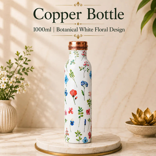 Sempyix 1 Litre Copper Water Bottle - Botanical White Floral Design