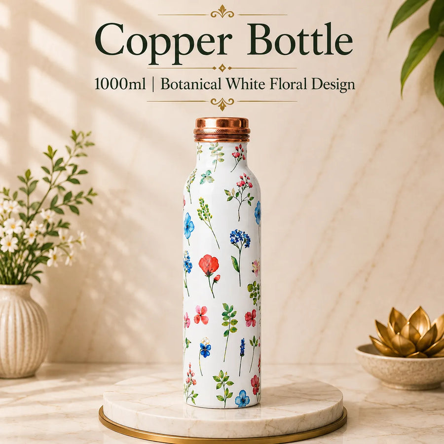 Sempyix 1 Litre Copper Water Bottle - Botanical White Floral Design