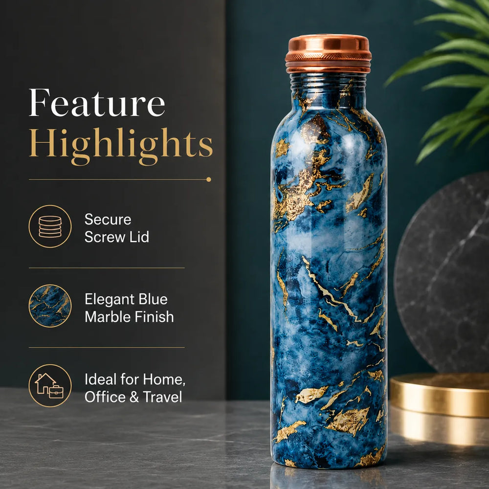Sempyix 1 Litre Copper Water Bottle - Blue Marble Gold Design