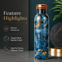 Sempyix 1 Litre Copper Water Bottle - Blue Marble Gold Design