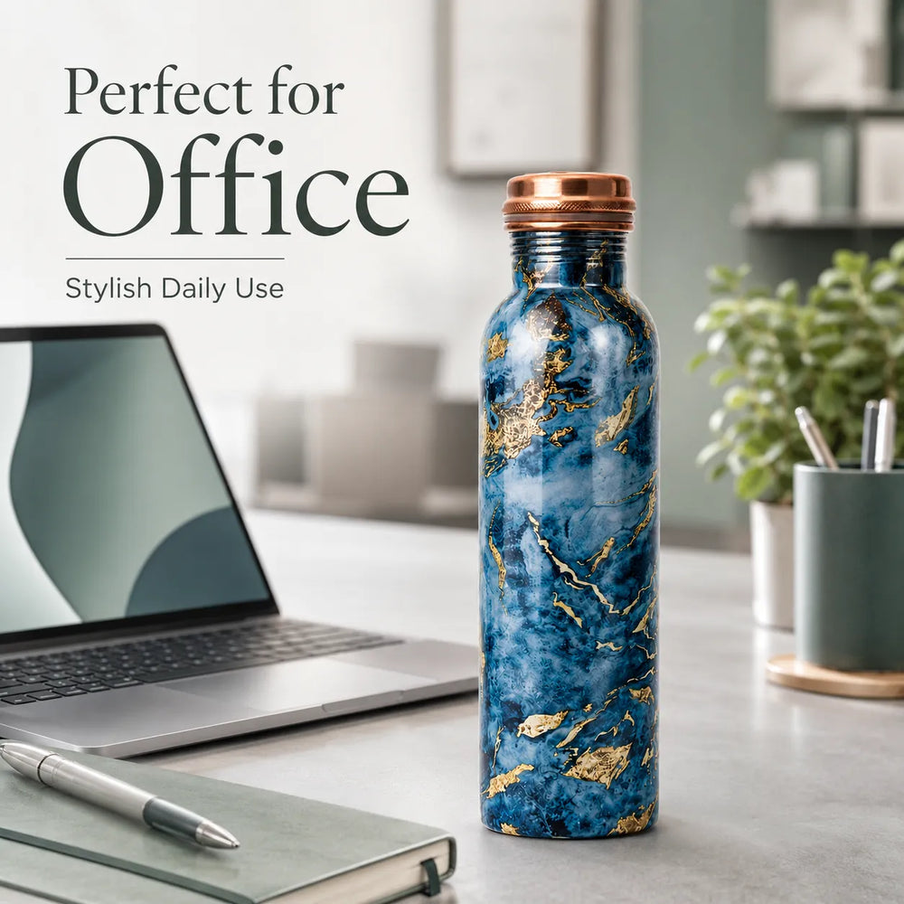 Sempyix 1 Litre Copper Water Bottle - Blue Marble Gold Design