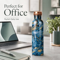Sempyix 1 Litre Copper Water Bottle - Blue Marble Gold Design