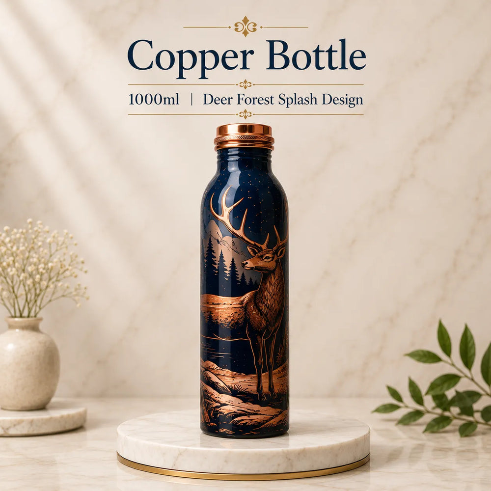 Sempyix 1 Litre Copper Water Bottle - Deer Forest Splash Design