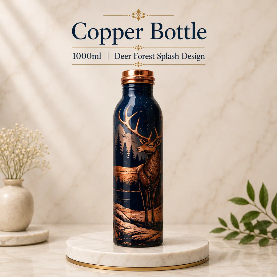 Sempyix 1 Litre Copper Water Bottle - Deer Forest Splash Design