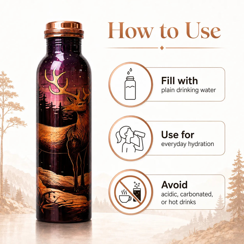 Sempyix 1 Litre Copper Water Bottle - Deer Forest Splash Design