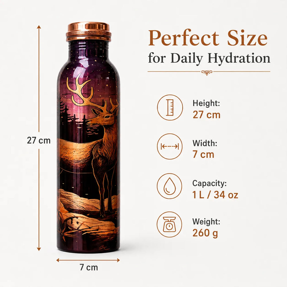 Sempyix 1 Litre Copper Water Bottle - Deer Forest Splash Design