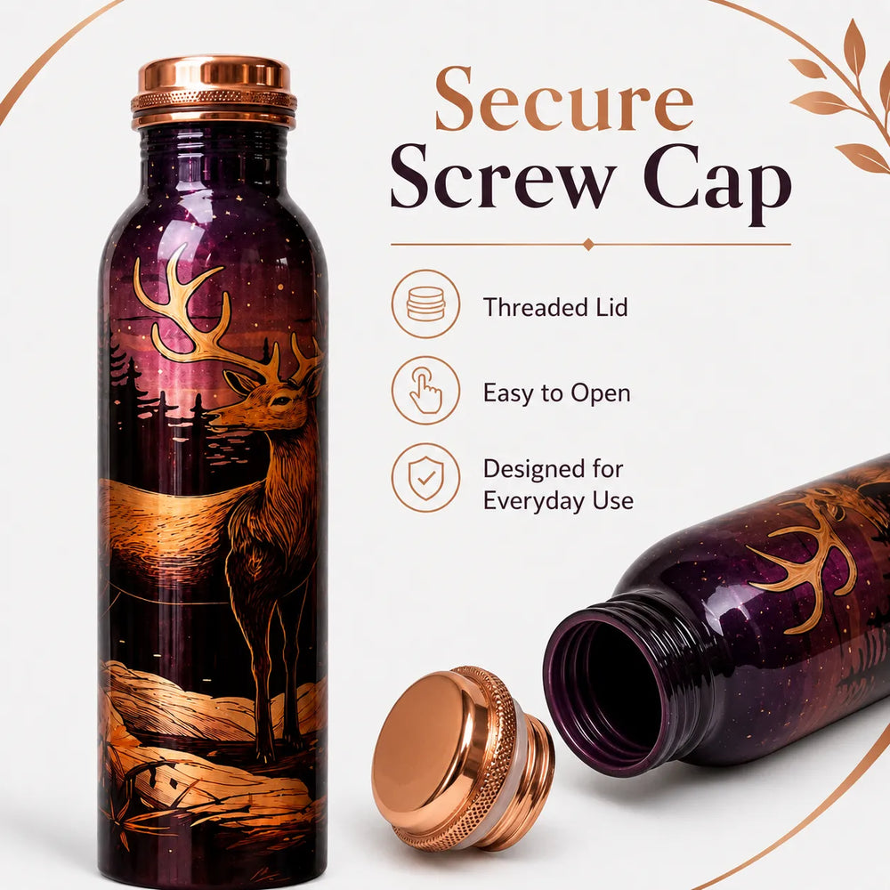 Sempyix 1 Litre Copper Water Bottle - Deer Forest Splash Design