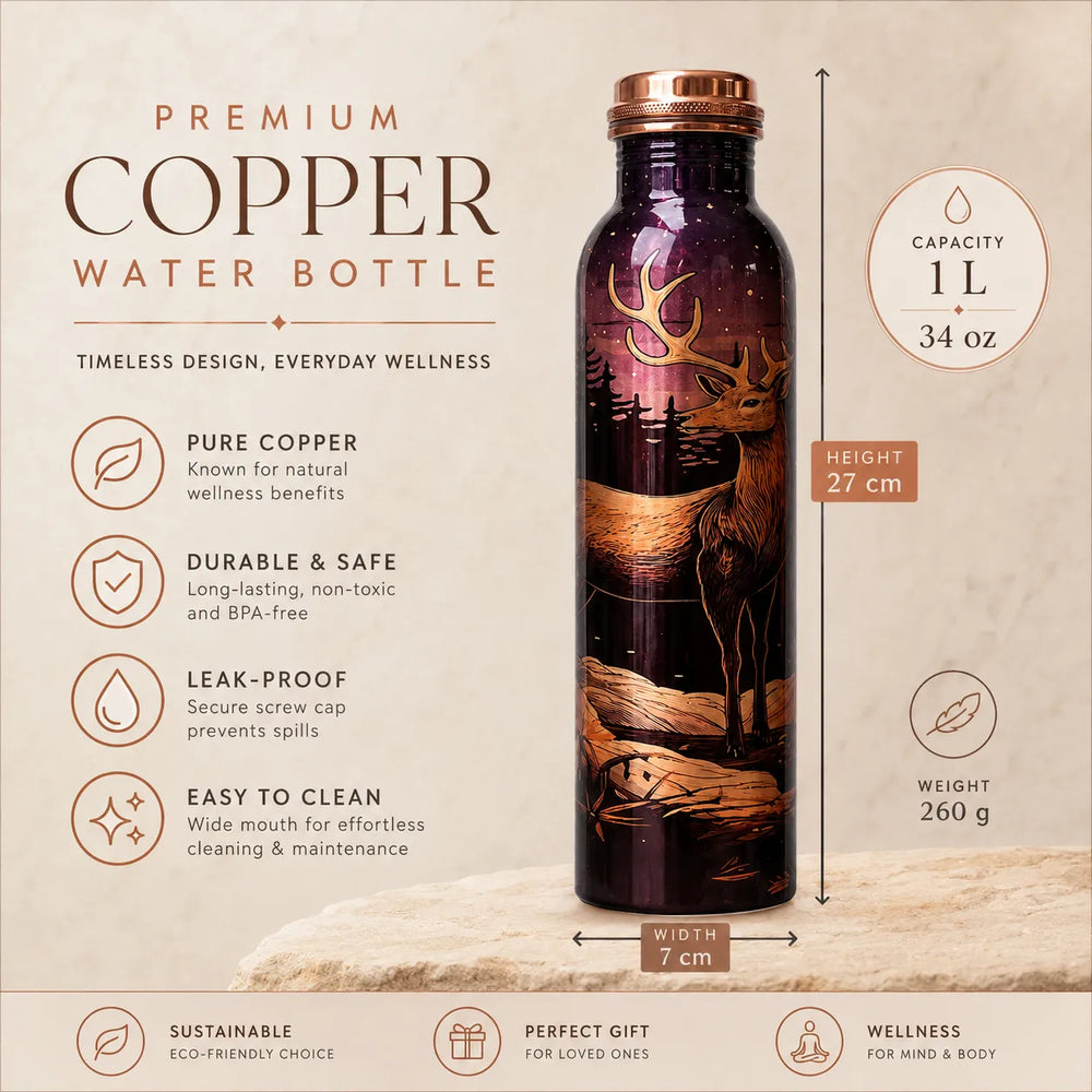 Sempyix 1 Litre Copper Water Bottle - Deer Forest Splash Design