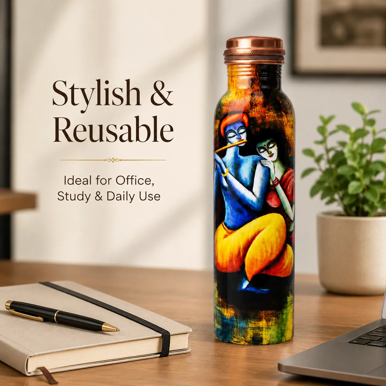 Sempyix 1 Litre Copper Water Bottle - Divine Krishna Art
