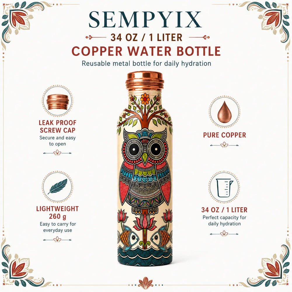 Sempyix 1 Litre Copper Water Bottle - Folk Owl Art