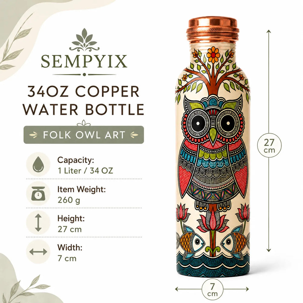 Sempyix 1 Litre Copper Water Bottle - Folk Owl Art