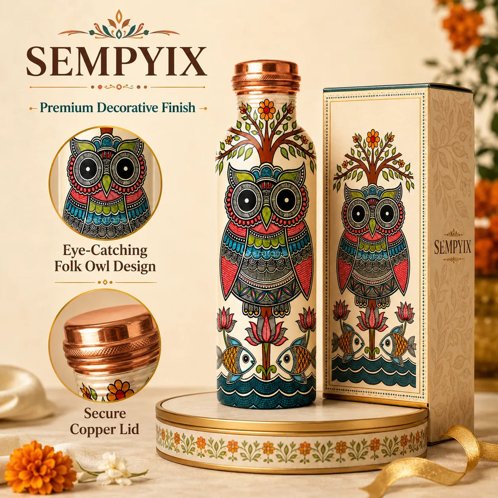 Sempyix 1 Litre Copper Water Bottle - Folk Owl Art