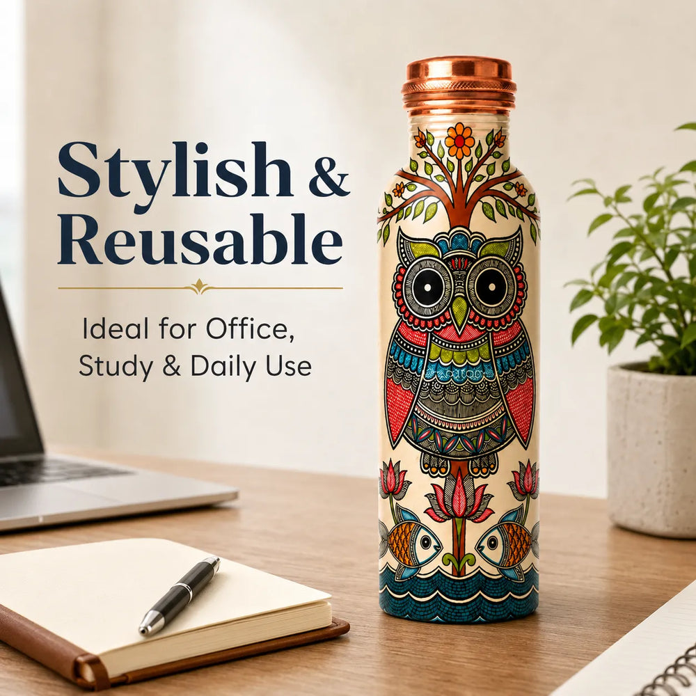 Sempyix 1 Litre Copper Water Bottle - Folk Owl Art