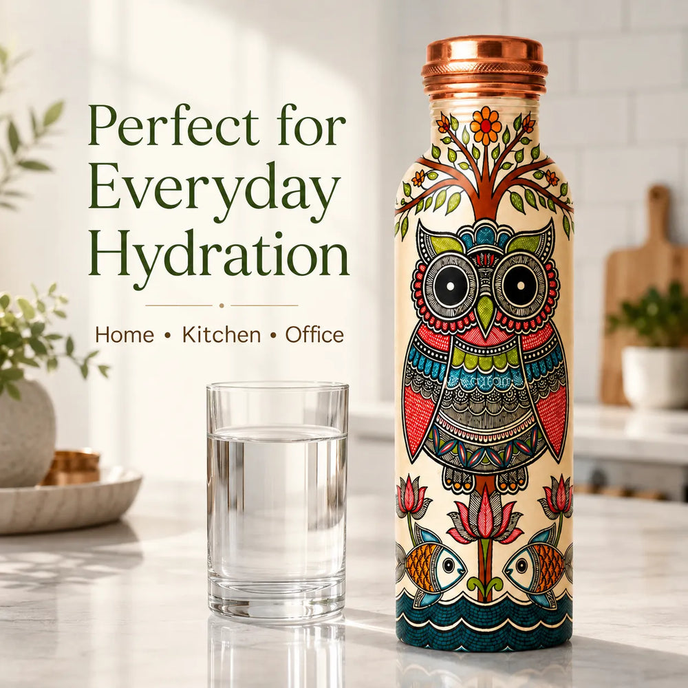 Sempyix 1 Litre Copper Water Bottle - Folk Owl Art