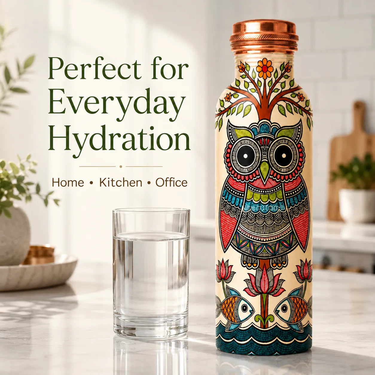 Sempyix 1 Litre Copper Water Bottle - Folk Owl Art