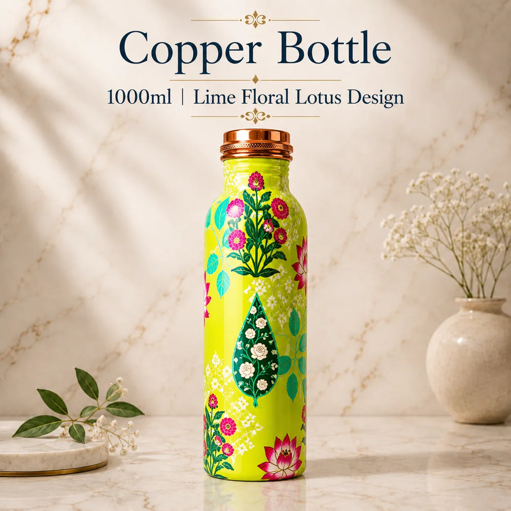 Sempyix 1 Litre Copper Water Bottle - Lime Floral Lotus Design