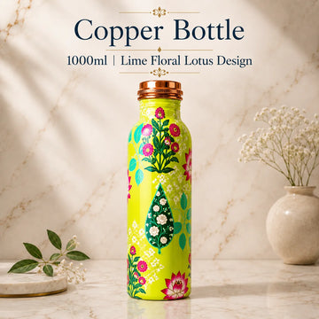 Sempyix 1 Litre Copper Water Bottle - Lime Floral Lotus Design