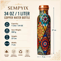 Sempyix 1 Litre Copper Water Bottle - Mandala Patchwork Design