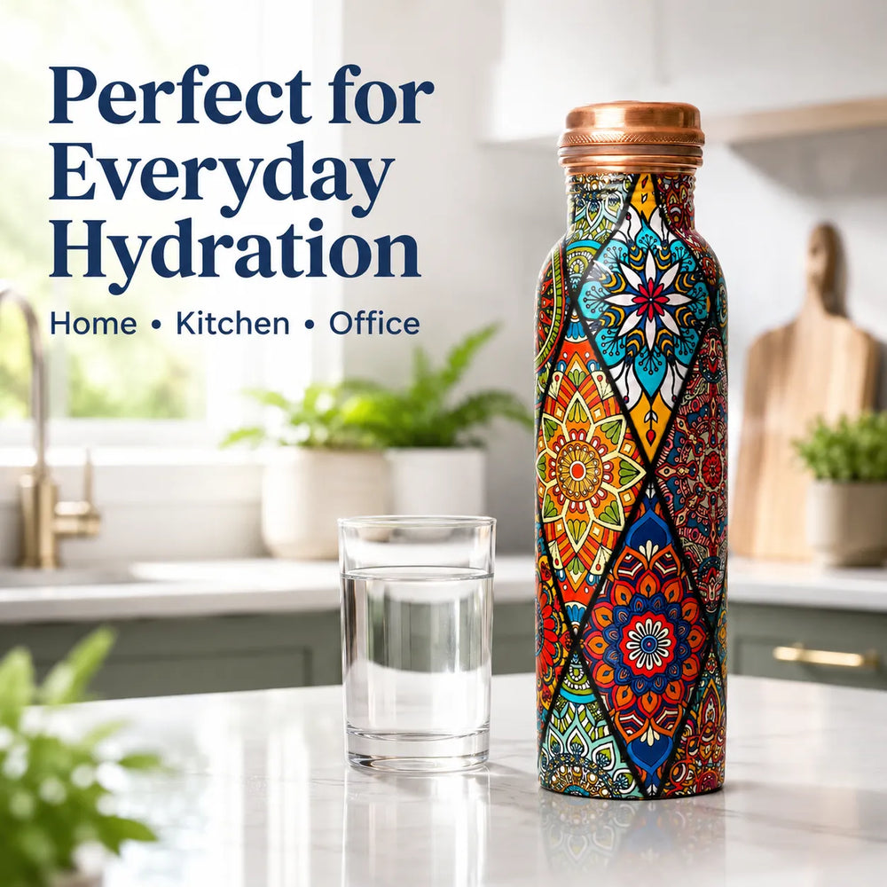 Sempyix 1 Litre Copper Water Bottle - Mandala Patchwork Design