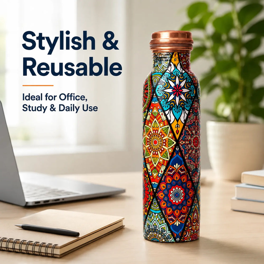 Sempyix 1 Litre Copper Water Bottle - Mandala Patchwork Design