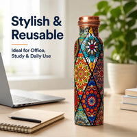 Sempyix 1 Litre Copper Water Bottle - Mandala Patchwork Design