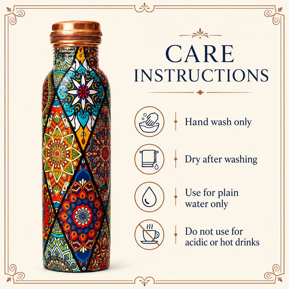 Sempyix 1 Litre Copper Water Bottle - Mandala Patchwork Design