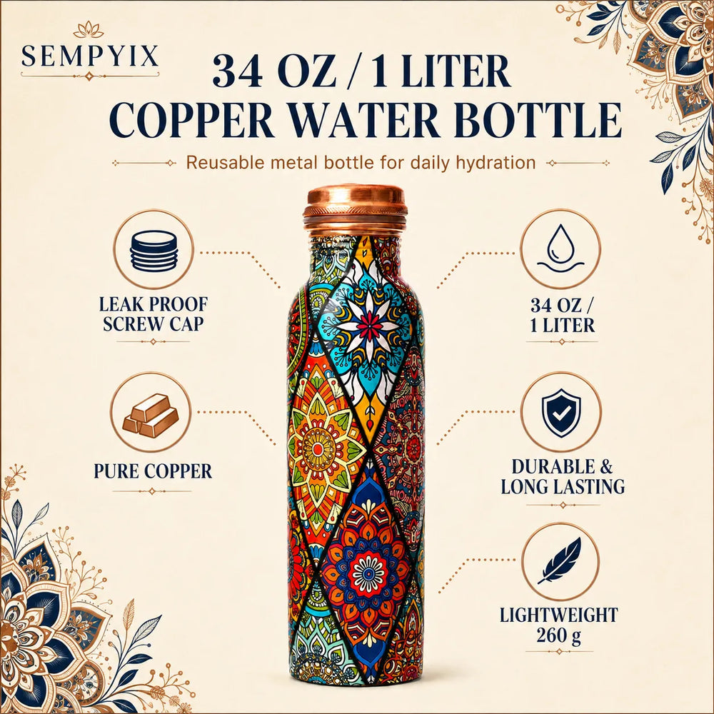 Sempyix 1 Litre Copper Water Bottle - Mandala Patchwork Design