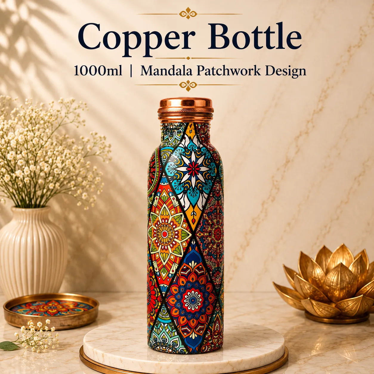 Sempyix 1 Litre Copper Water Bottle - Mandala Patchwork Design