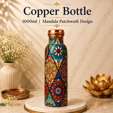 Sempyix 1 Litre Copper Water Bottle - Mandala Patchwork Design