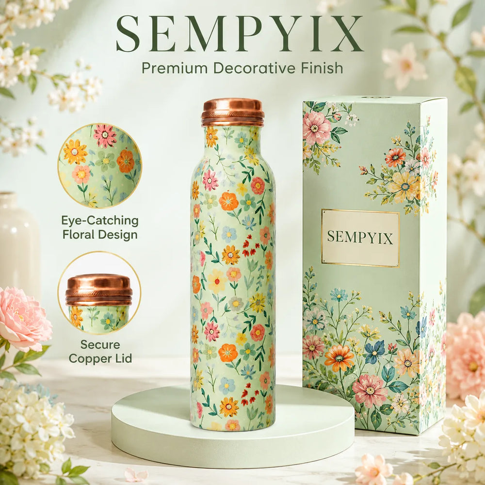 Sempyix 1 Litre Copper Water Bottle - Mint Floral Design