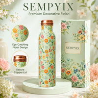 Sempyix 1 Litre Copper Water Bottle - Mint Floral Design
