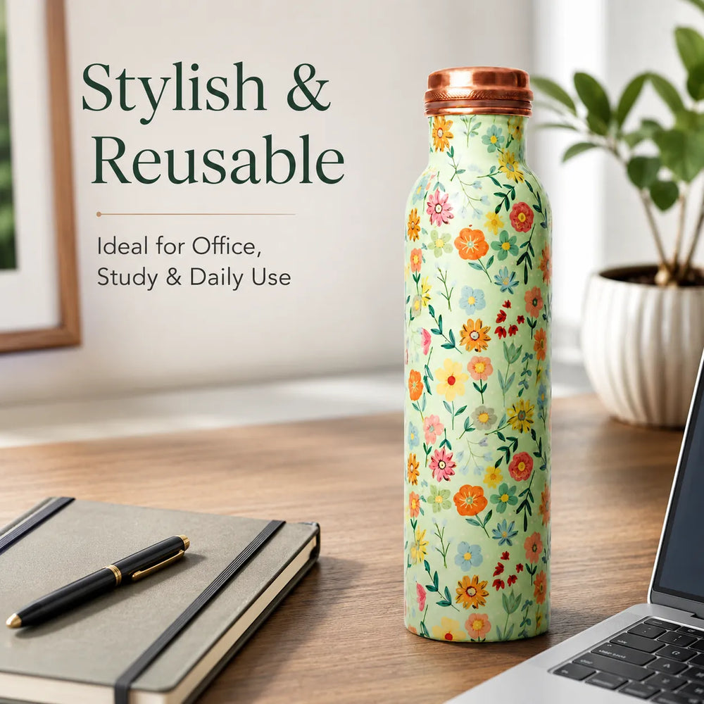 Sempyix 1 Litre Copper Water Bottle - Mint Floral Design